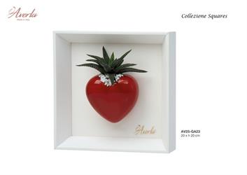Quadretto In Legno Bianco Con Cuore In Ceramica Di Capodimonte E Piantina 20X20 Cm Completo Di Scatola