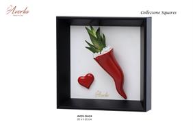 Quadretto In Legno Nero Con Corno Rosso In Ceramica Di Capodimonte E Piantina, 20X20 Cm Completo Di Scatola