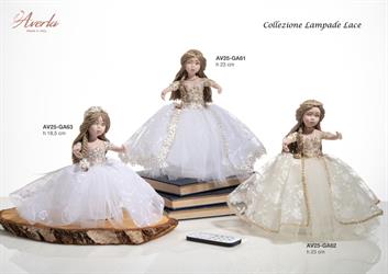 Lampada Multicolor Con Telecomando E Dama In Porcellana Di Capodimonte Con Vestito In Tulle E Pizzo Panna, H23 Cm Completa Di Scatola