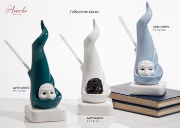 Profumatore Corno Celeste In Porcellana Di Capodimonte Con Brucia Incensi Su Base Bianca, 9XH24 Cm Completo Di Scatola