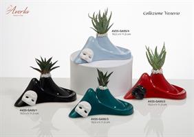 Vesuvio In Ceramica Di Capodimonte Color Nero Con Maschera Bianca E Piantina 19,5XH11,5 Cm, Completo Di Scatola