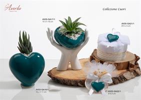 Vaso Cuore Verde Su Due Mani In Ceramica Di Capodimonte Con Piantina 10Xh16 Cm, Completa Di Scatola