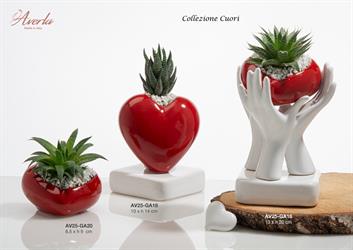 Cuore Rosso Basso In Ceramica In Capodimonte Con Piantina 8,5XH9 Cm, Completa Di Scatola