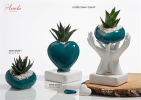 Cuore Verde Basso In Ceramica Di Capodimonte Con Piantina 8,5X9 Cm, Completo Di Scatola