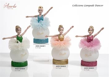 Lampada Ballerina Piccola Con Vestito Fuxia In Porcellana Di Capodimonete Con Sfera Led 17 Cm, Completa Di Scatola