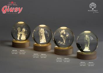 Globo In Cristallo A Led Su Base In Legno, Con Tulipani 8 Cm, Completa Di Scatola 1*12