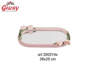 Vassoio Specchio Tulipano Rosa In Vetro E Poliresina 36X25 Cm  3*12