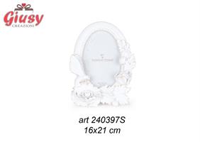 Portafoto Ovale Con Fiori Bianco E Oro 16X21 Cm In Poliresina