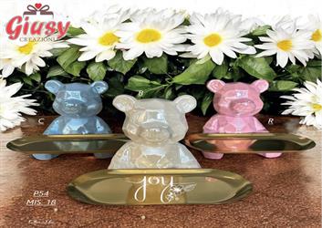 Orsetto In Porcellana Colore Bianco Con Vassoio Oro 18 Cm Completo Di Scatola   1*12
