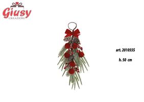 Fuori Porta Con Pino, Pigne E Sfere In Velluto Rosso H 50 Cm, 1*24