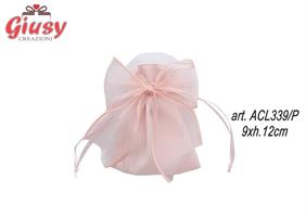 Sacchetto In Tessuto Plissettato Rosa Con Fiocco In Organza 9x12 Cm