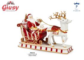 SLITTA RENNE E BABBO NATALE 33.5CM RESINA ORO LUCI MUSICA