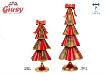 Albero Di Natale Stilizzato Con Fiocco In Metallo Rosso E Stoffa Tartan H.40,5 Cm 2*6