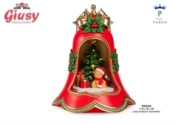 Campana Con Albero, Orsetto E Decorazioni Natalizie In Resina Con Musica, Movimento E Luce Led H.36 Cm