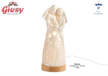 Gruppo Natività Stilizzato In Porcellana Su Base Legno 26 Cm Con Luce Led 2*12