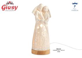 Gruppo Natività Stilizzato In Porcellana Su Base Legno 26 Cm Con Luce Led 2*12