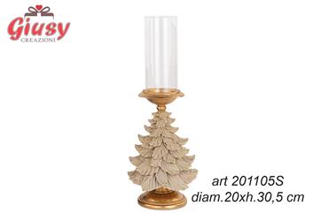 Portacandela Con Albero In Resina Floccata Beige E Oro E Vetro Diametro 20xH.30,5 Cm 2*4