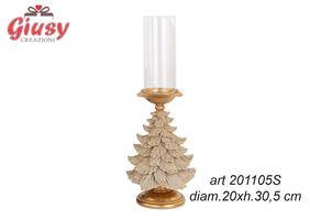 Portacandela Con Albero In Resina Floccata Beige E Oro E Vetro Diametro 20xH.30,5 Cm 2*4