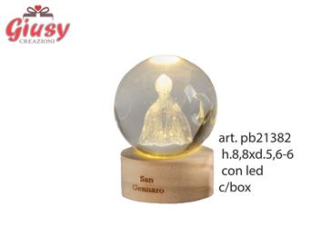 Globo In Cristallo Con Decoro San Gennaro Su Base Legno H. 8,8 Cm Con Led Completo Di Scatola 1*24