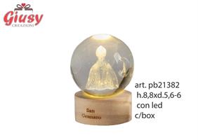 Globo In Cristallo Con Decoro San Gennaro Su Base Legno H. 8,8 Cm Con Led Completo Di Scatola 1*24