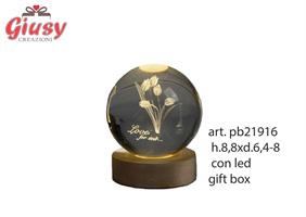 Globo In Cristallo Decoro Tulipani Con Base Legno E Led h.8,8 Cm Completo Di Scatola 1*24