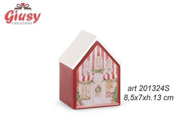Casetta In Porcellana Rossa Christmas Market Con Candela 8,5x7xH.13 Cm Completa Di Scatola 6*18