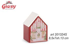 Casetta In Porcellana Rossa Christmas Market Con Candela 8,5x7xH.13 Cm Completa Di Scatola 6*18