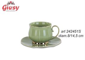 Set 6 Tazzine Da Tè In Porcellana Verde Con Profilo Oro Diametro 8/14,5 Cm Completo Di Scatola 2*6