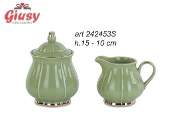 Set Zuccheriera E Lattiera In Porcellana Verde Con Profilo Oro H.10/15 Cm Completo Di Scatola 4*16