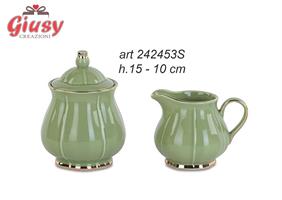 Set Zuccheriera E Lattiera In Porcellana Verde Con Profilo Oro H.10/15 Cm Completo Di Scatola 4*16