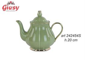 Teiera In Porcellana Verde Con Profilo Oro H.20 Cm Completo Di Scatola 3*12